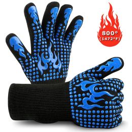 BBQ Gloves Extreme Heat Resistant Protective Cooking Gloves Food Grade Kitchen Oven Mitts Silicone Non-Slip for BBQ Cooking Baking