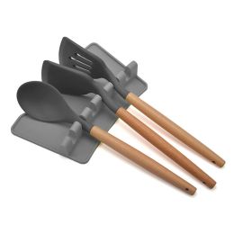 Silicone Multiple Utensil Rest Kitchen Spoon Holder with Drip Pad for Spoons Ladles Tongs Gray RT