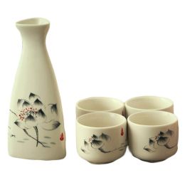 5 Pcs Traditional Ceramic Mini Japanese Sake Set Wine Cup Wine Pot,Lotus