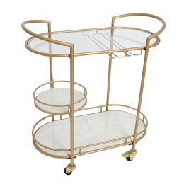 DunaWest 30 Inch 3 Tier Bar Cart with Matte Gold Metal Frame, White Marble and Glass Shelves